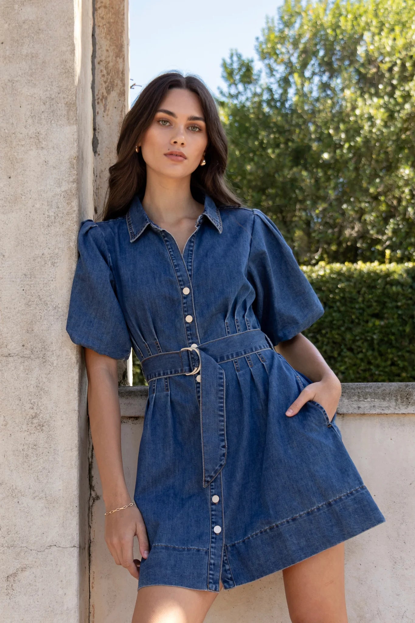 Sundown Storm Blue Denim Puff Sleeve Mini Shirt Dress