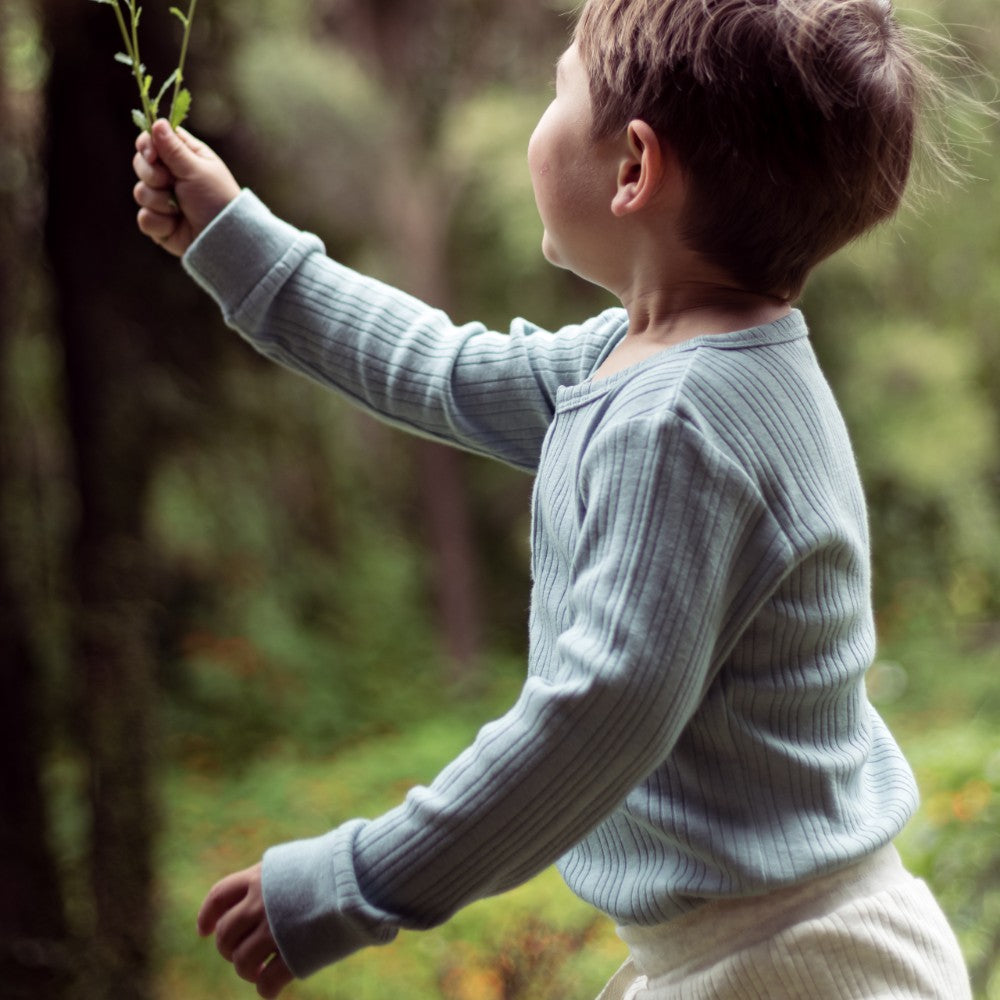 Woolbabe Merino/Organic Cotton Long Sleeve Henley Bodysuit - Tide Marl