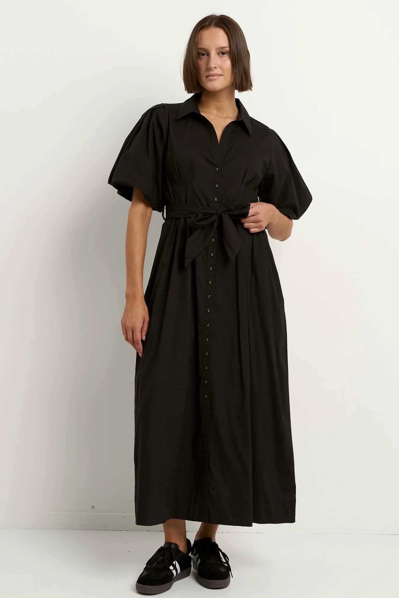 Dusk Black Puff Short Sleeve Collared Maxi Dress