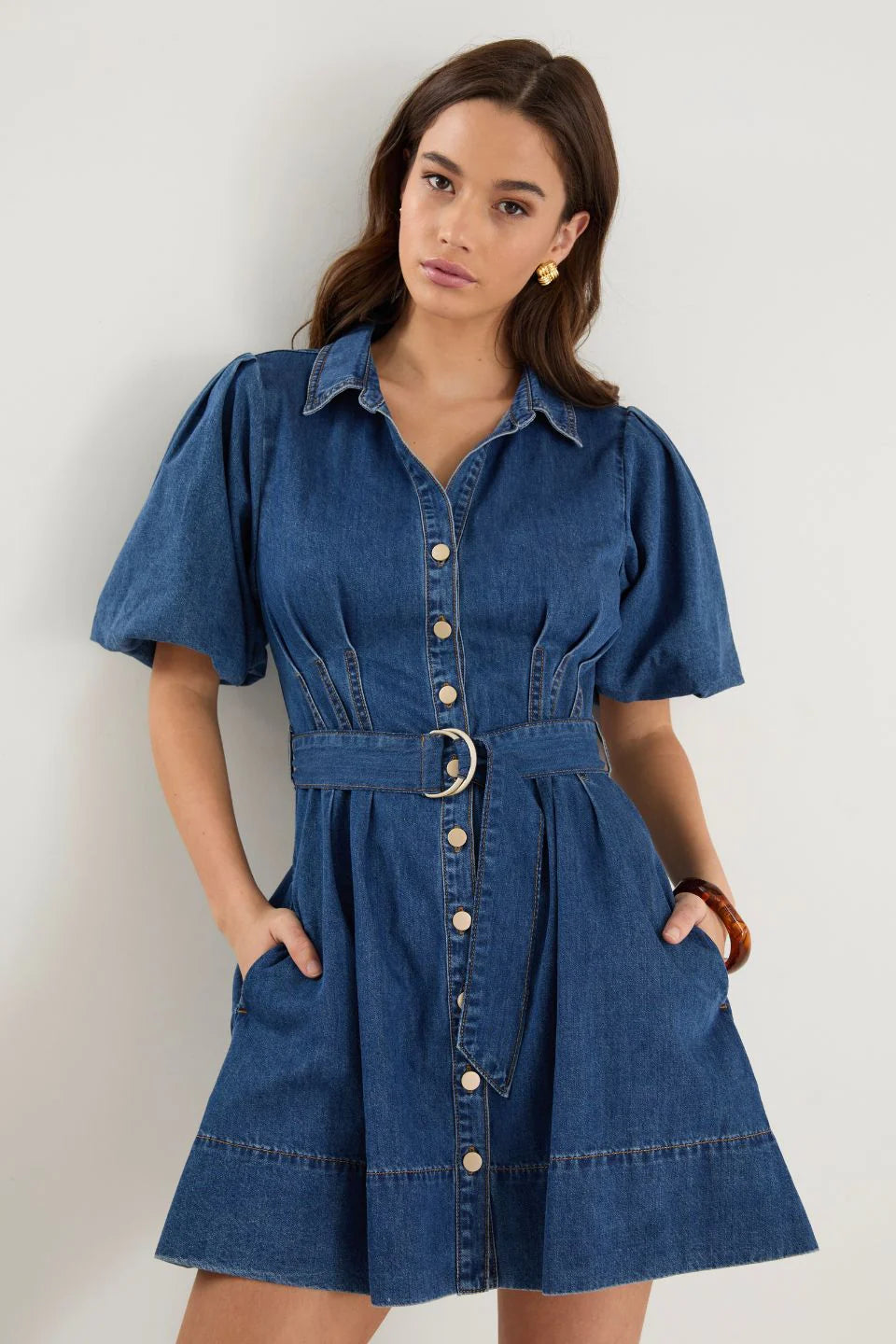 Sundown Storm Blue Denim Puff Sleeve Mini Shirt Dress