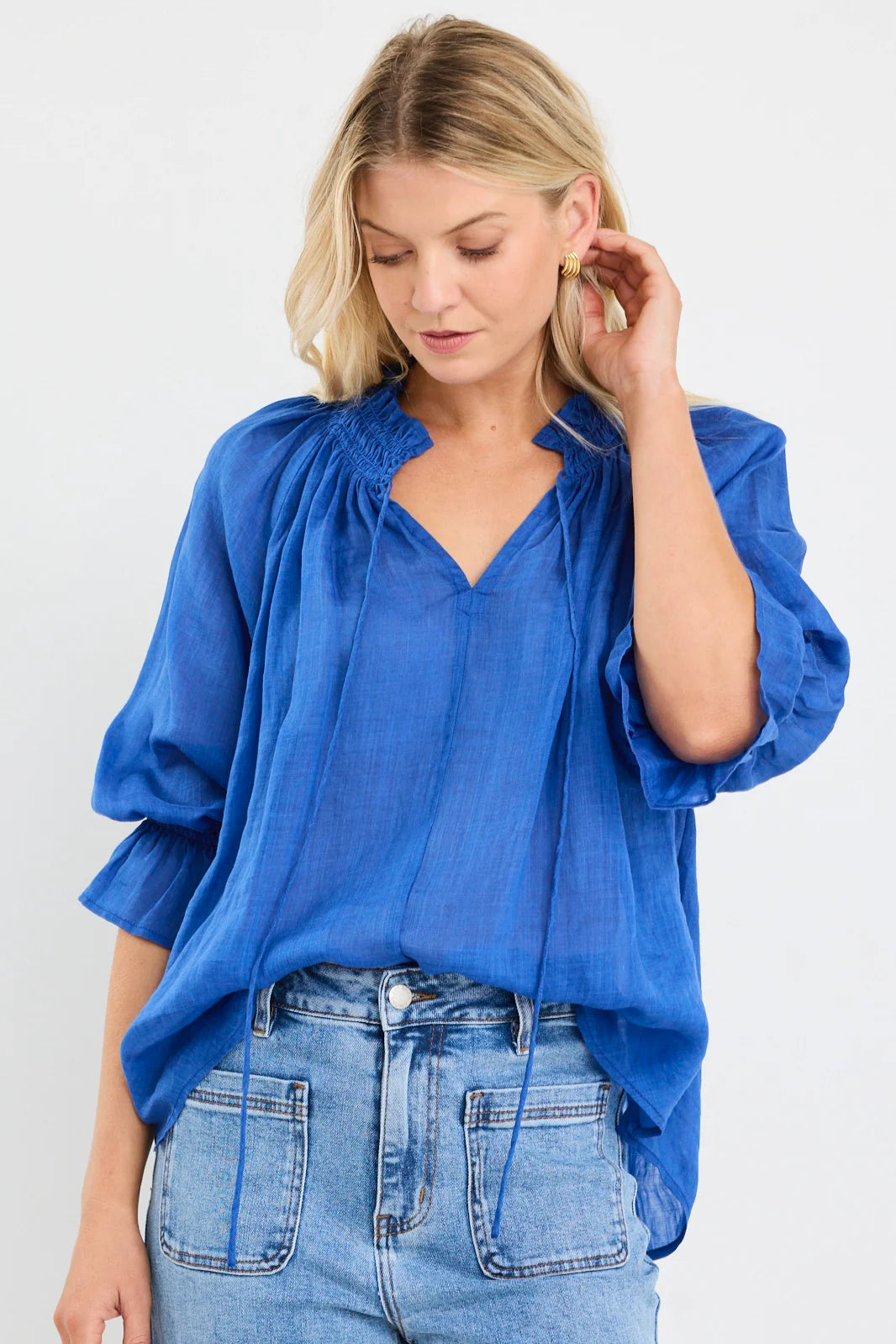 Expedition Blue Shirred Neck Short Sleeve Top