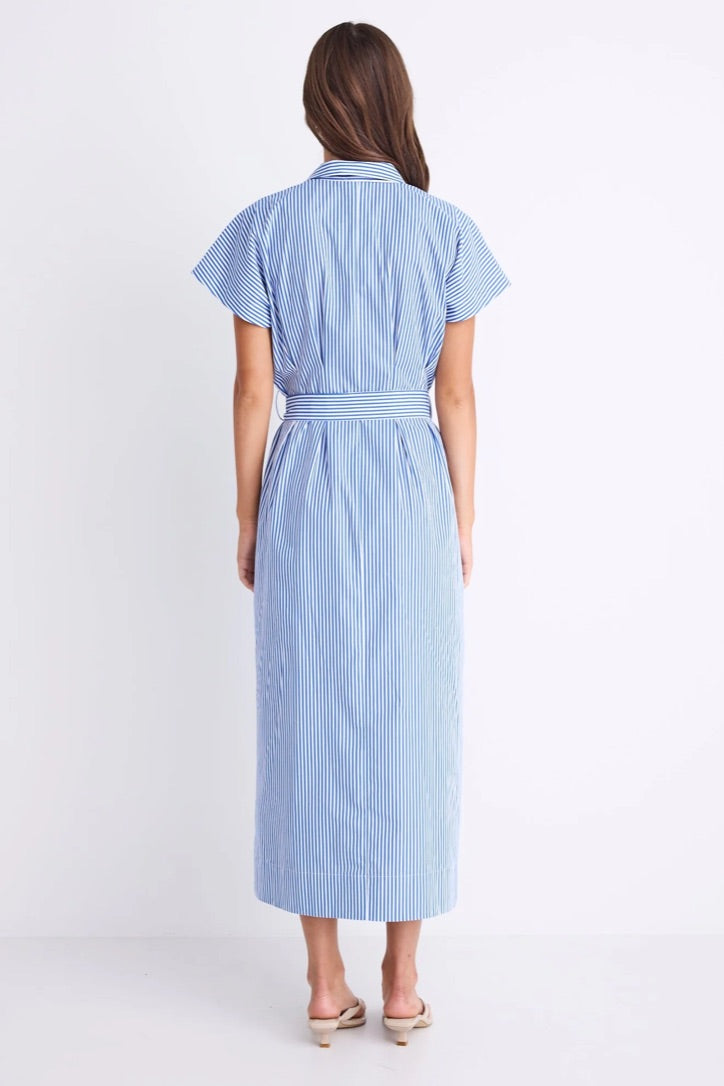 Camden Bright Blue Stripe Short Sleeve Pleated Midi Shirt Dress