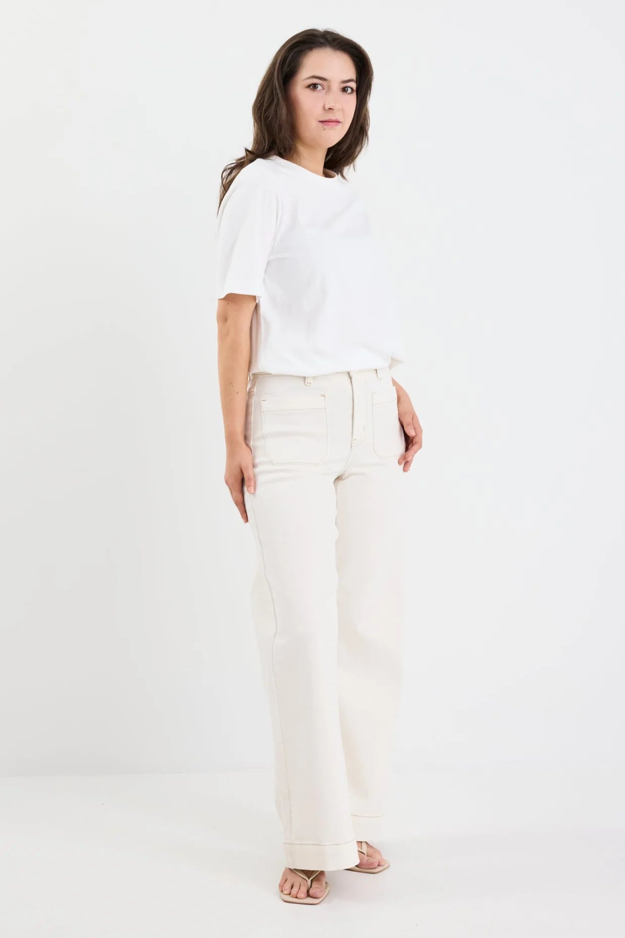 Zoey Ecru Petite High Rise Wide Leg Pocket Jean - PETITE