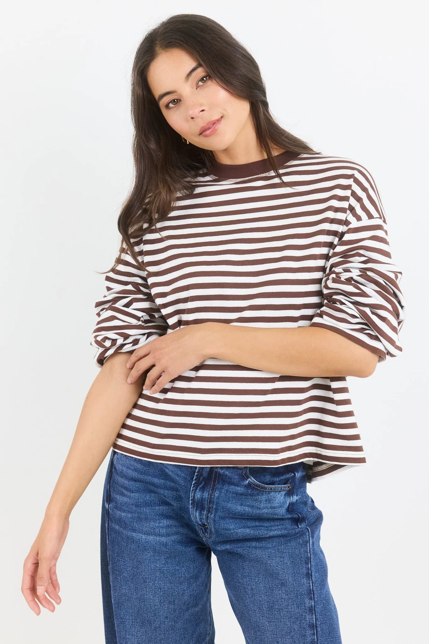 Unite Chocolate White Stripe Long Sleeve Contrast Binding Tee - Chocolate White Stripe