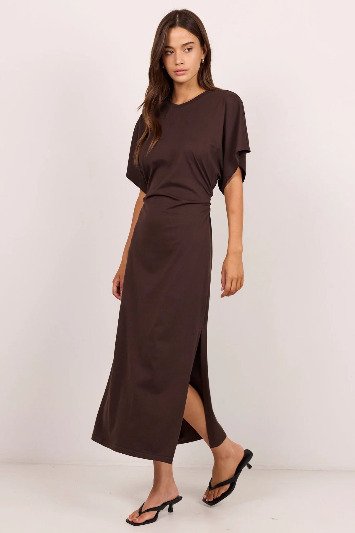 Pulse Chocolate Cotton Gathered Waist Detail Short Sleeve Dress