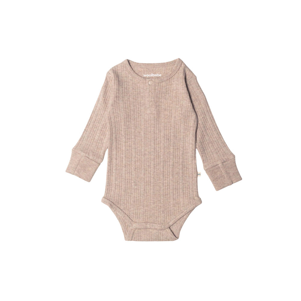 Woolbabe Merino/Organic Cotton Long Sleeve Henley Bodysuit - Dune Marl
