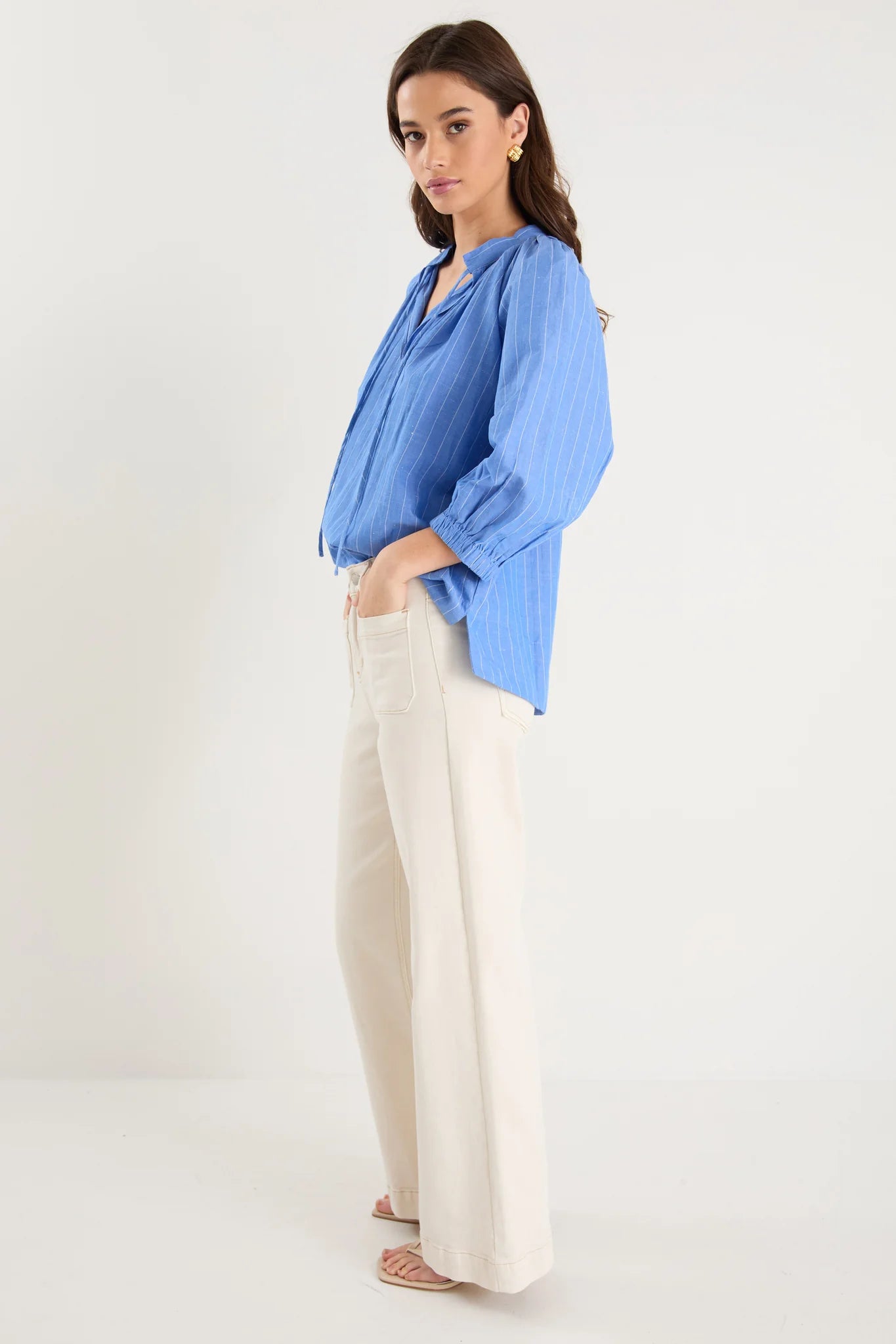 Compliment French Blue Stripe Blouson Mid Sleeve Top