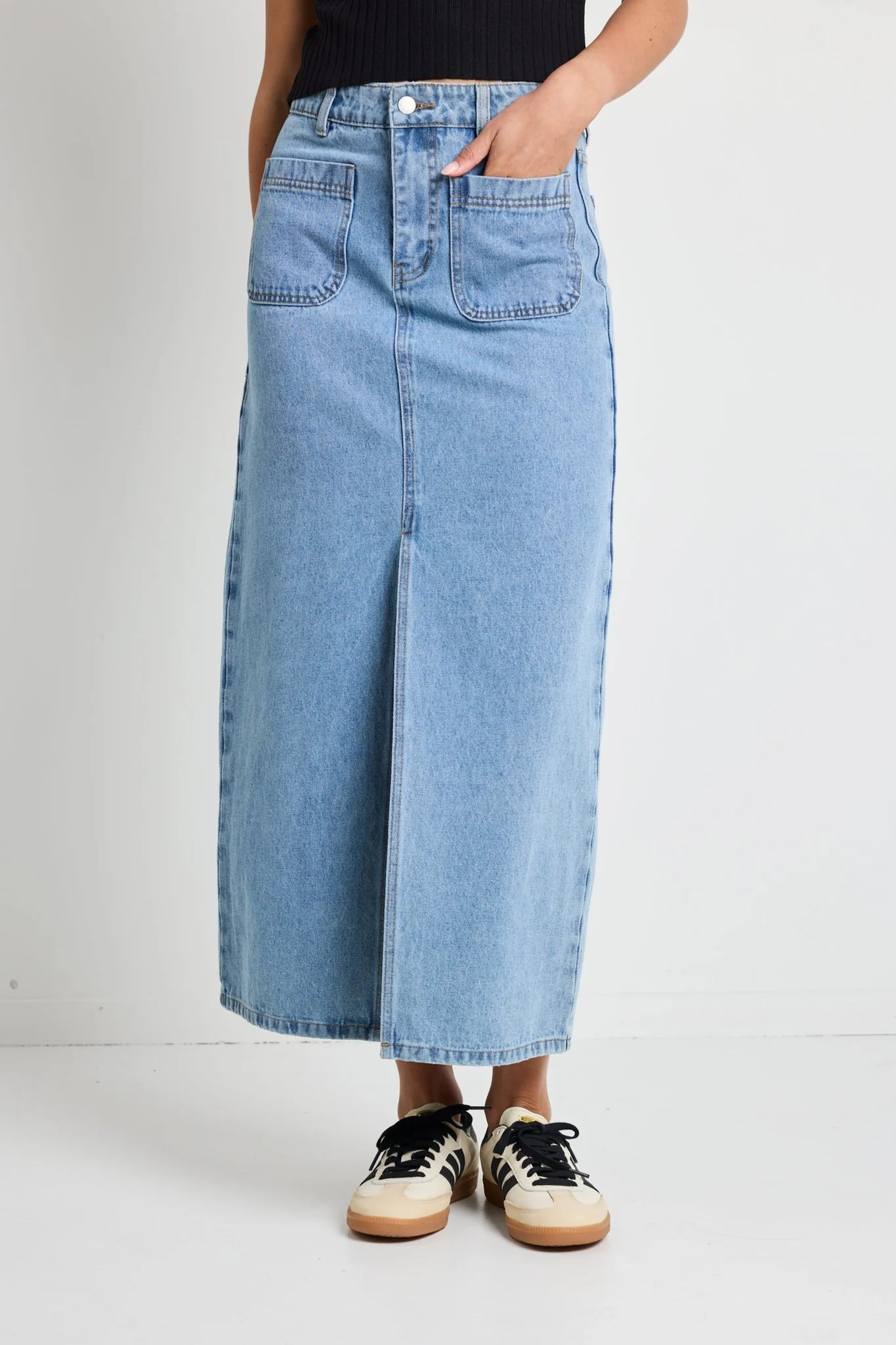 Zoey Sea Blue Pocket Front Denim Midi Skirt