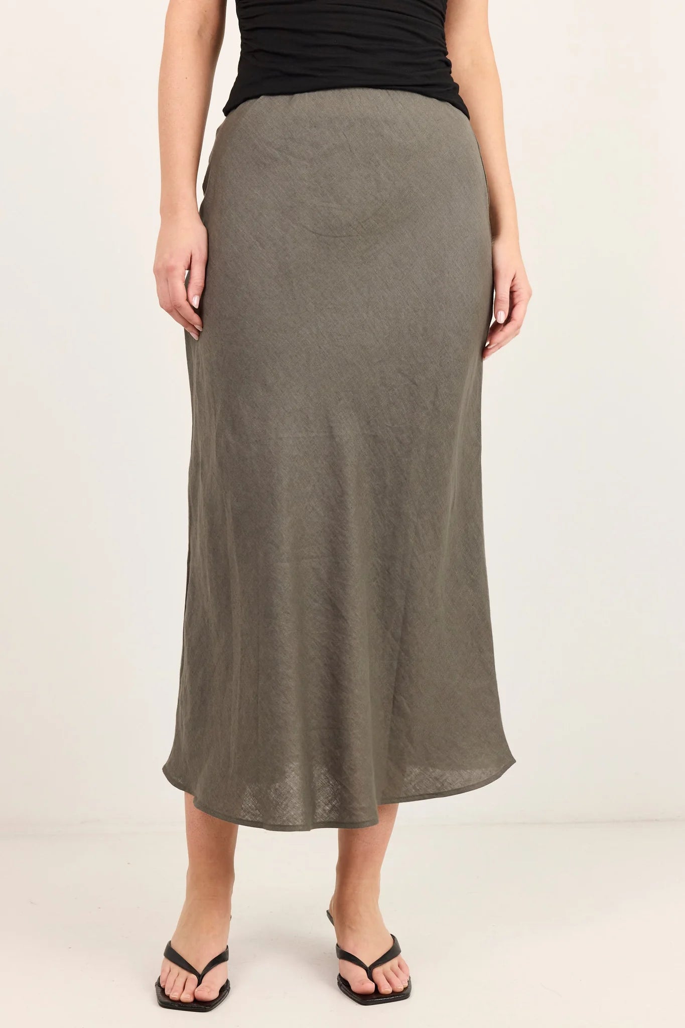 Bliss Dark Olive Linen Bias Midi Skirt