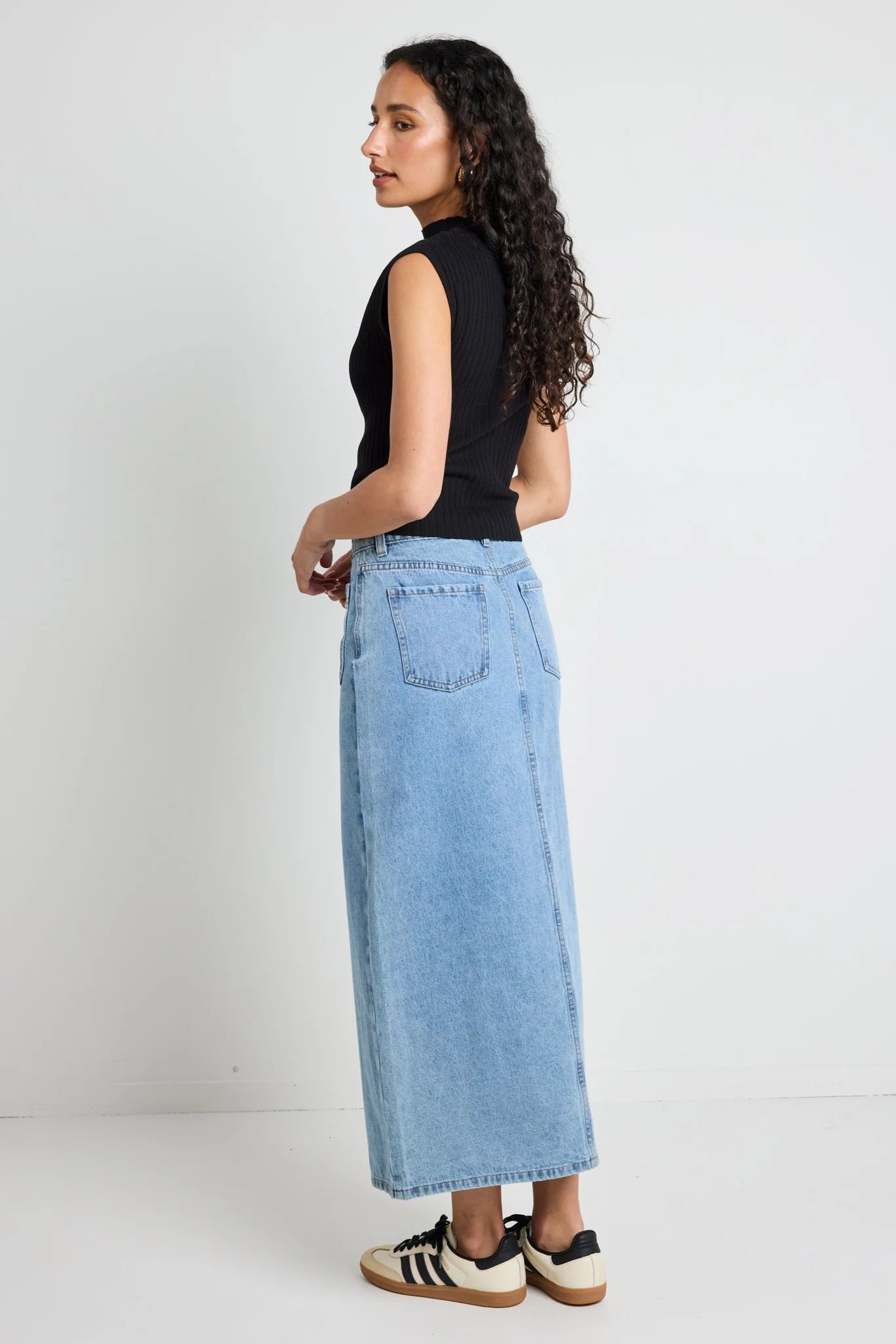 Zoey Sea Blue Pocket Front Denim Midi Skirt