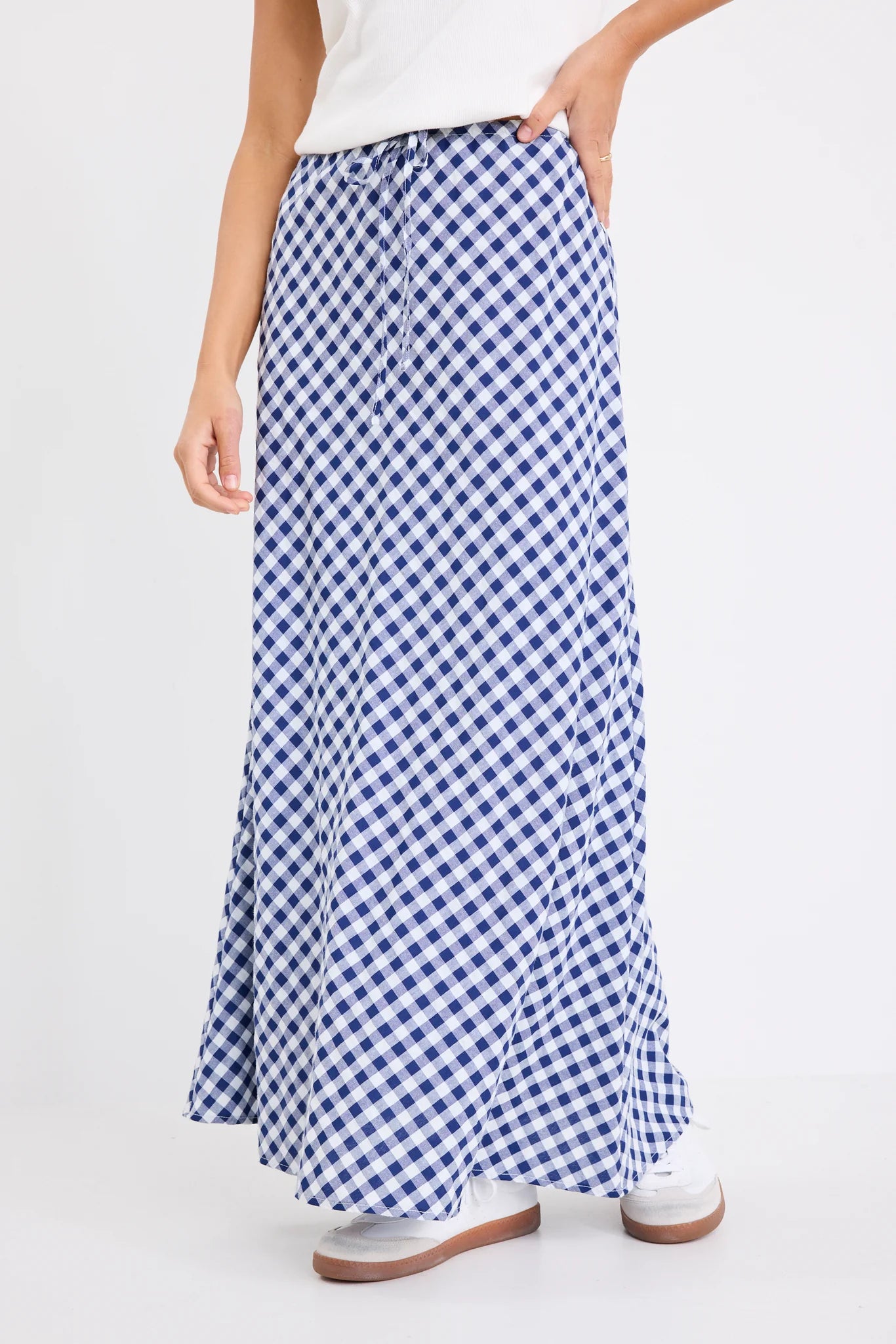 Summit Blue Gingham Cotton Tie Waist Bias Maxi Skirt