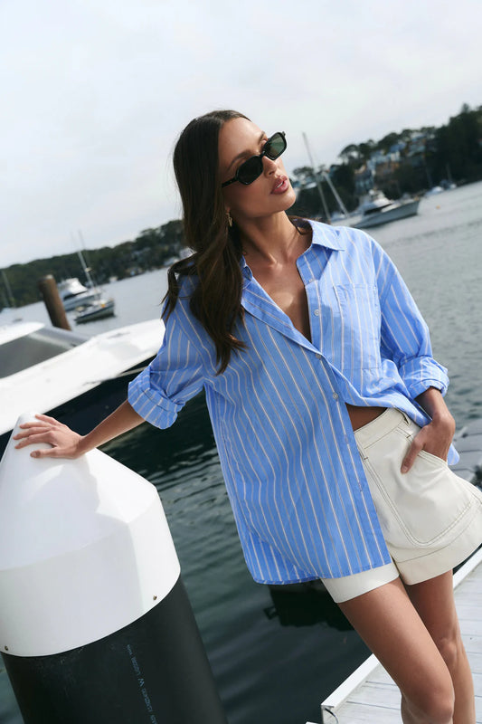 You Got This Mid Blue White Stripe Oversized Boyfriend Shirt - Mid Blue White Stripe