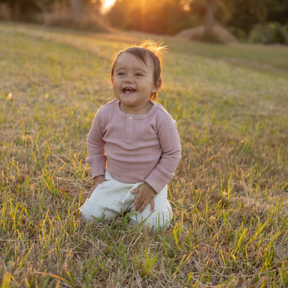 Woolbabe Merino/Organic Cotton Long Sleeve Henley Bodysuit - Dusk Marl