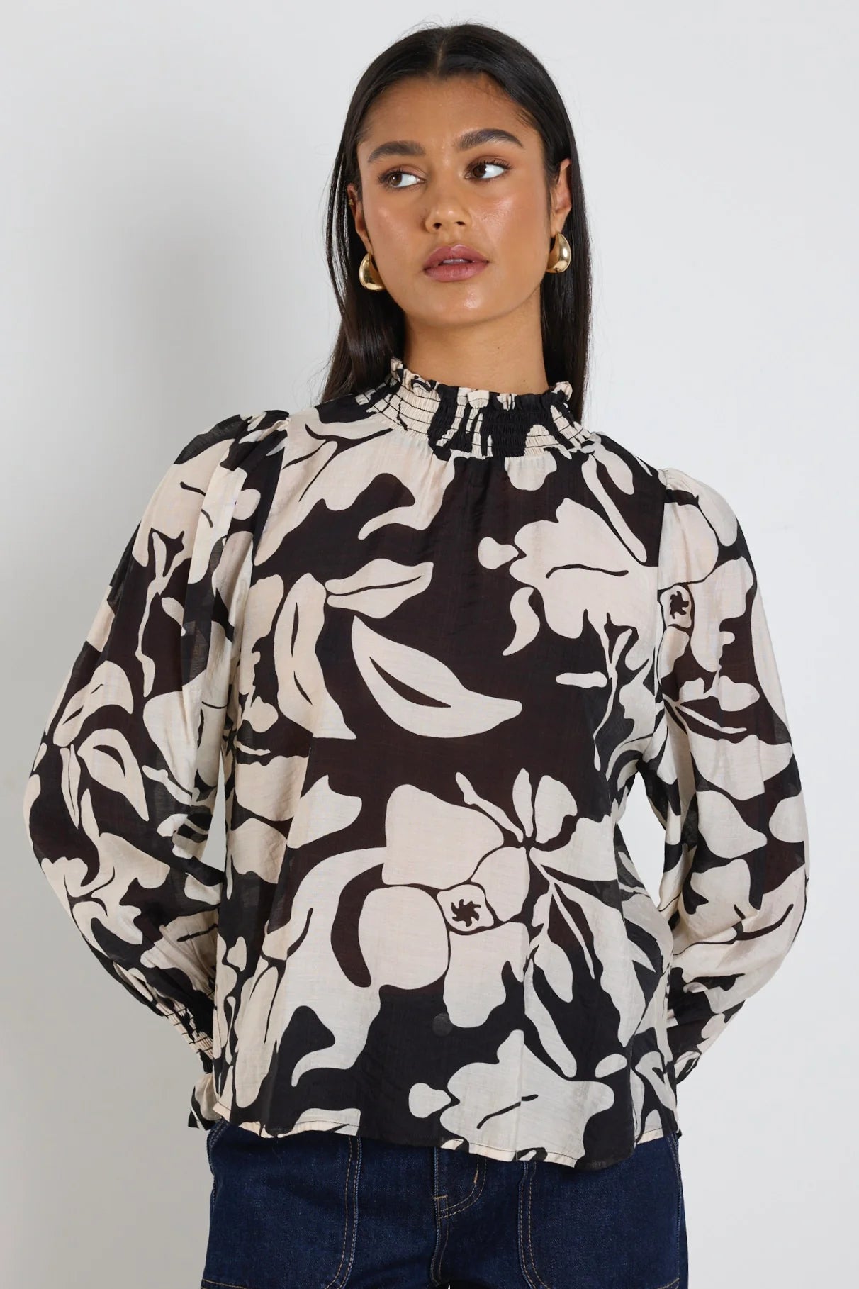 Emphatic Black Floral High Neck LS Top