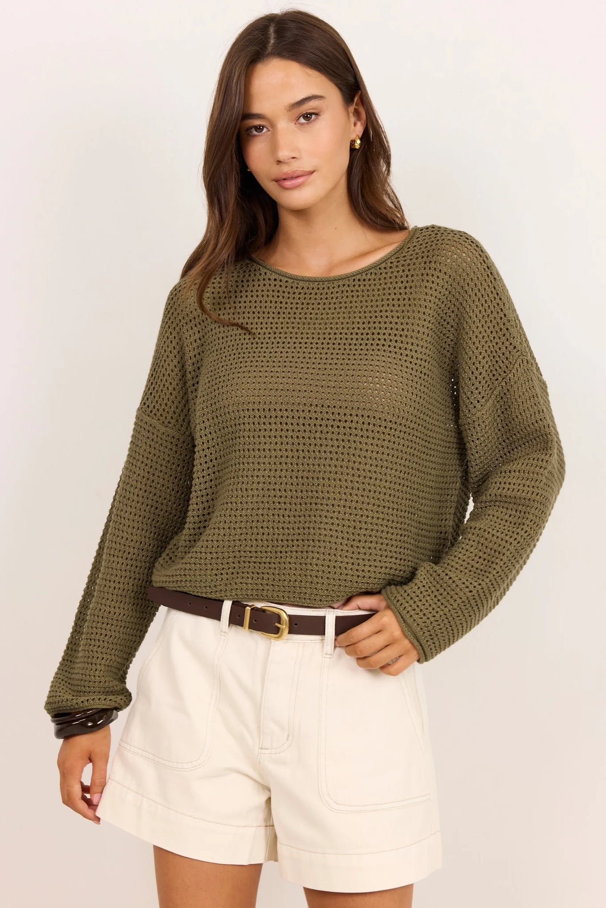 Dawn Light Khaki Crochet Knit Jumper