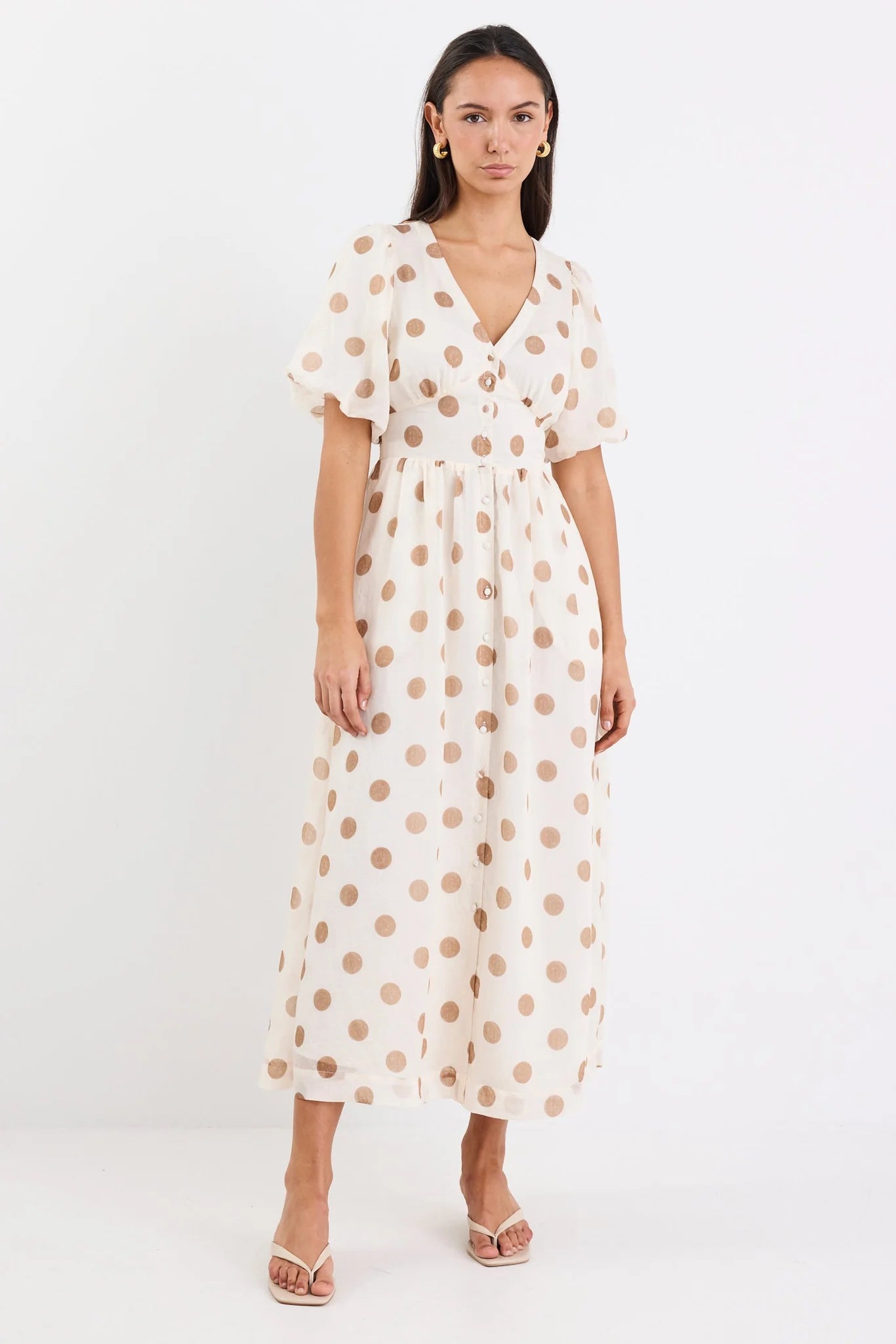 Lisbon Copper Polka Dot Puff Sleeve Midi Dress