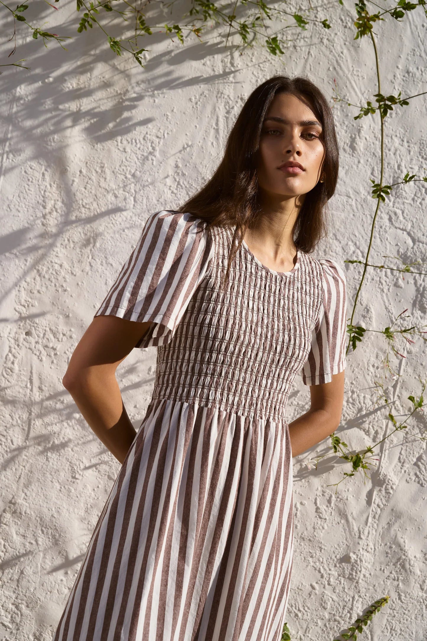 Wren Chocolate Stripe Cotton SS Shirred Bodice Midi Dress