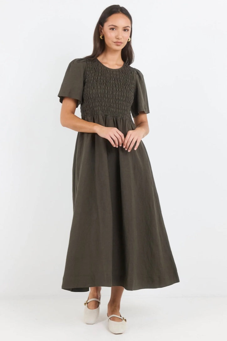 Wren Dark Olive Linen Blend SS Shirred Bodice Midi Dress
