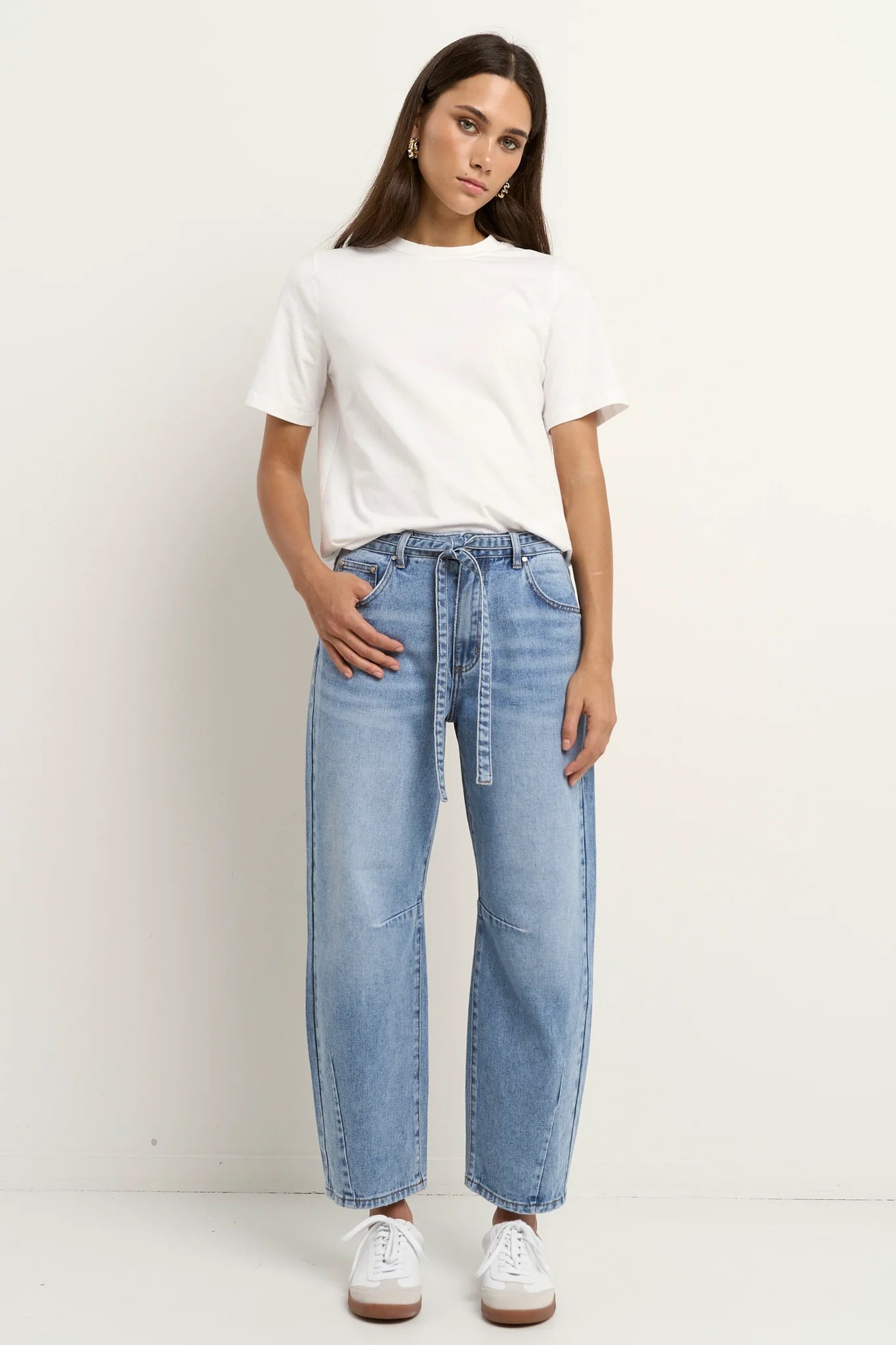Campus Light Blue Tie Waist Barrel Jeans