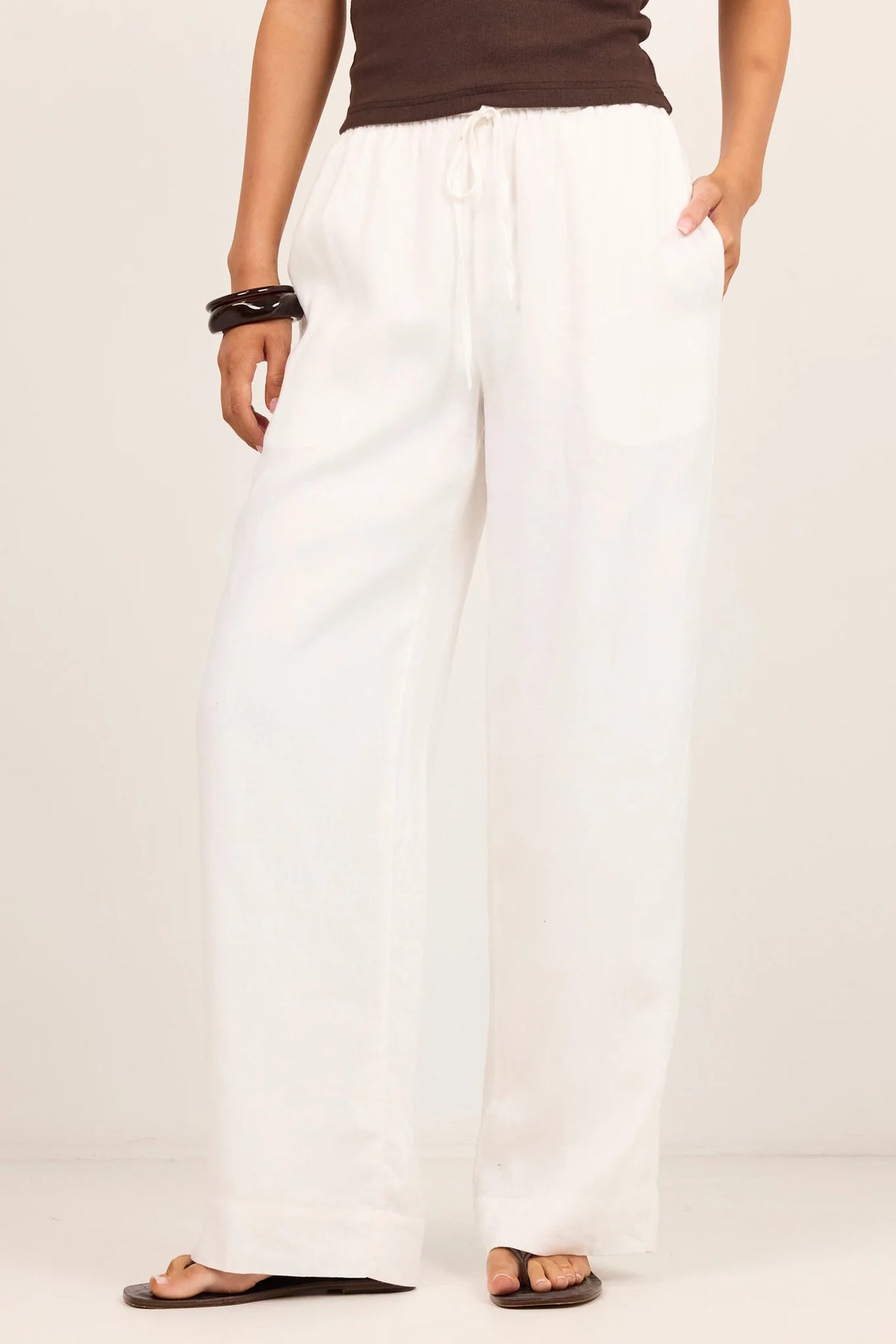 Wellness White Linen Pull On Wide Leg Pants