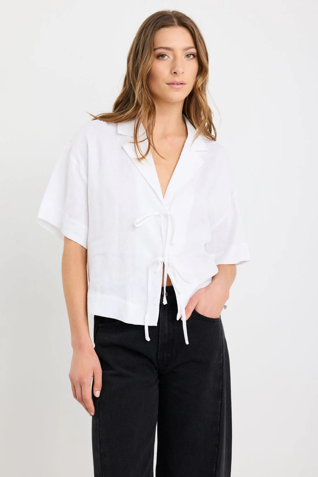 Fasting Ivory Linen Tie Front Shirt