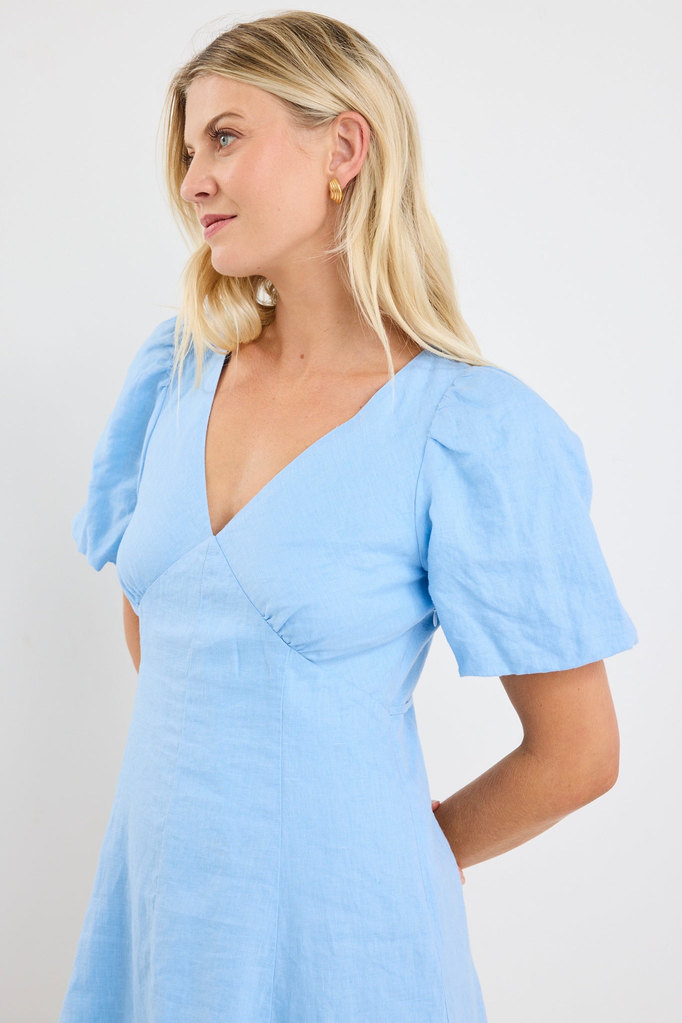 Adelaide Sky Blue Linen Puff Sleeve Panelled Mini Dress