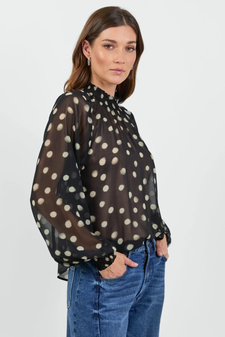 Emphatic Black Polka Dot Georgette High Neck LS Top