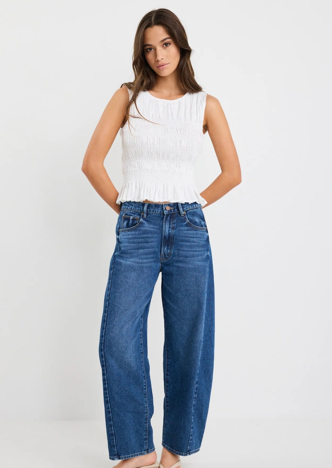 Impulsive Ivory Linen Shirred Sleeveless Top