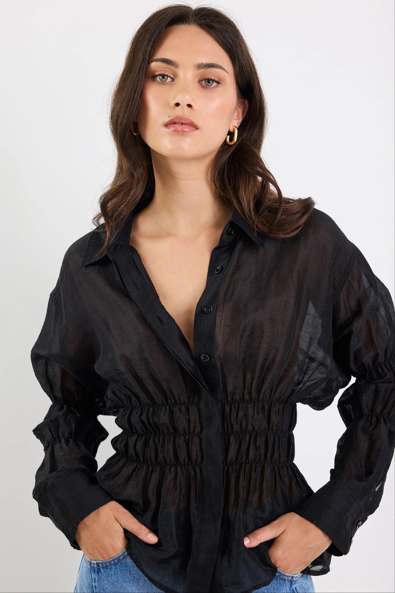 Composite Black Sheer Shirred Body Shirt