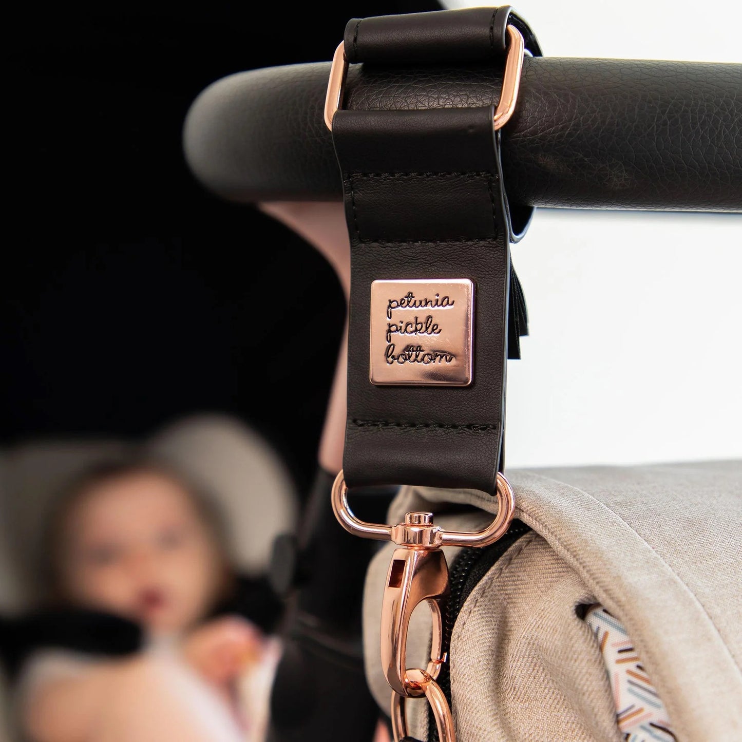 Valet Stroller Clips in Black Leatherette - Rose Gold