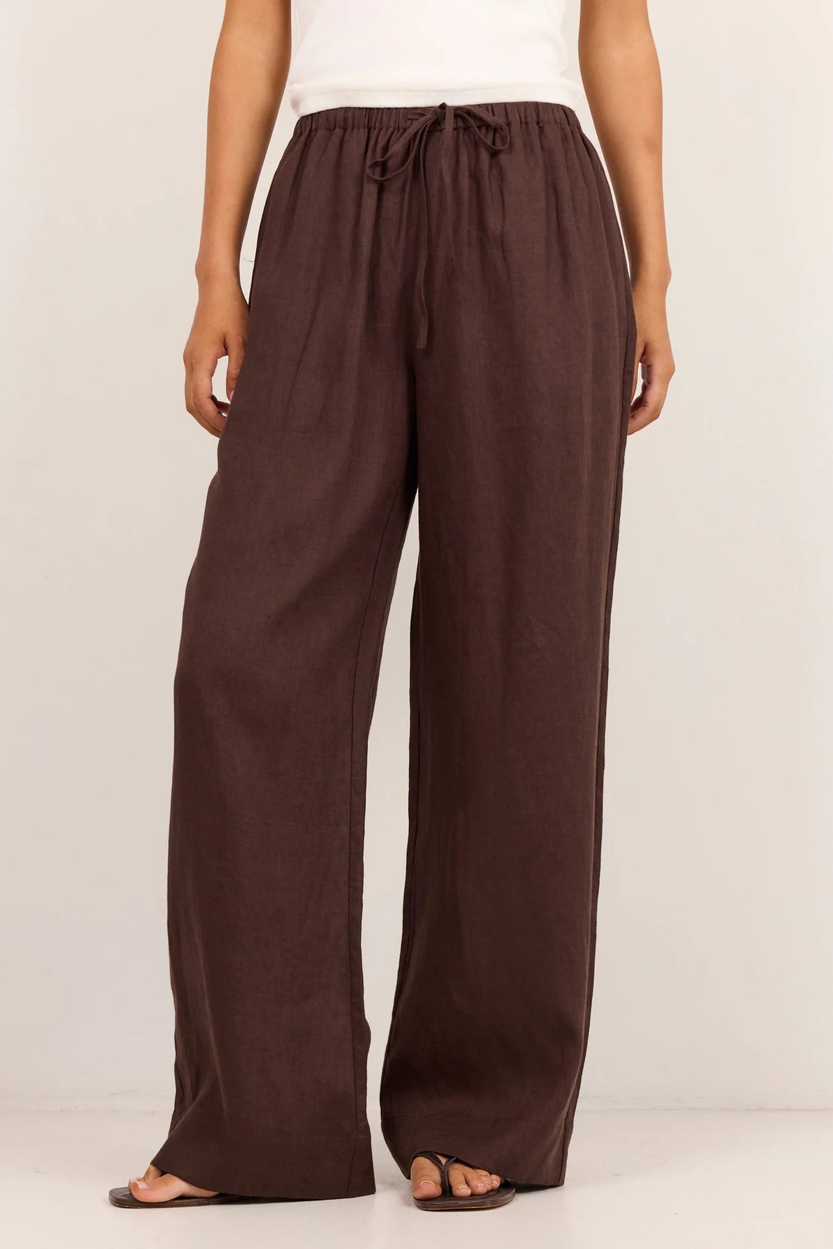 Wellness Dark Chocolate Linen Pull On Wide Leg Pants