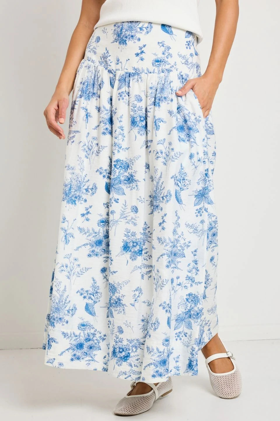 Affinity Porcelain Print Shirred Back Tiered Maxi Skirt