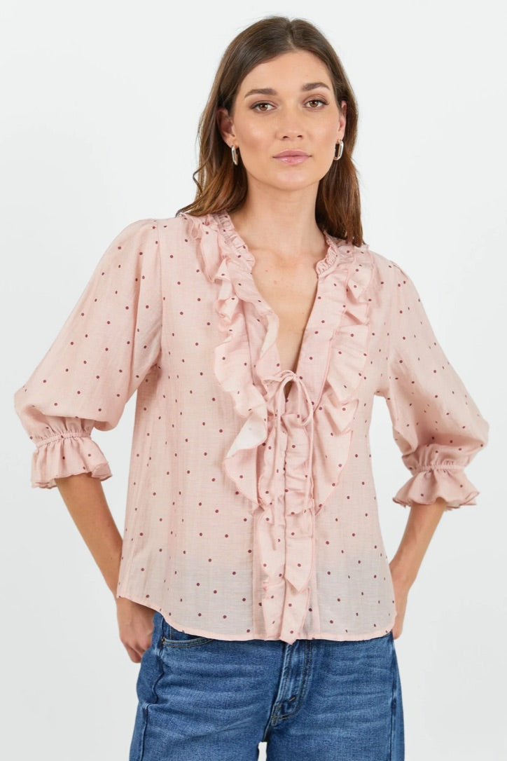 Garnish Blush Polka Dot Frill Front Mid Sleeve Top