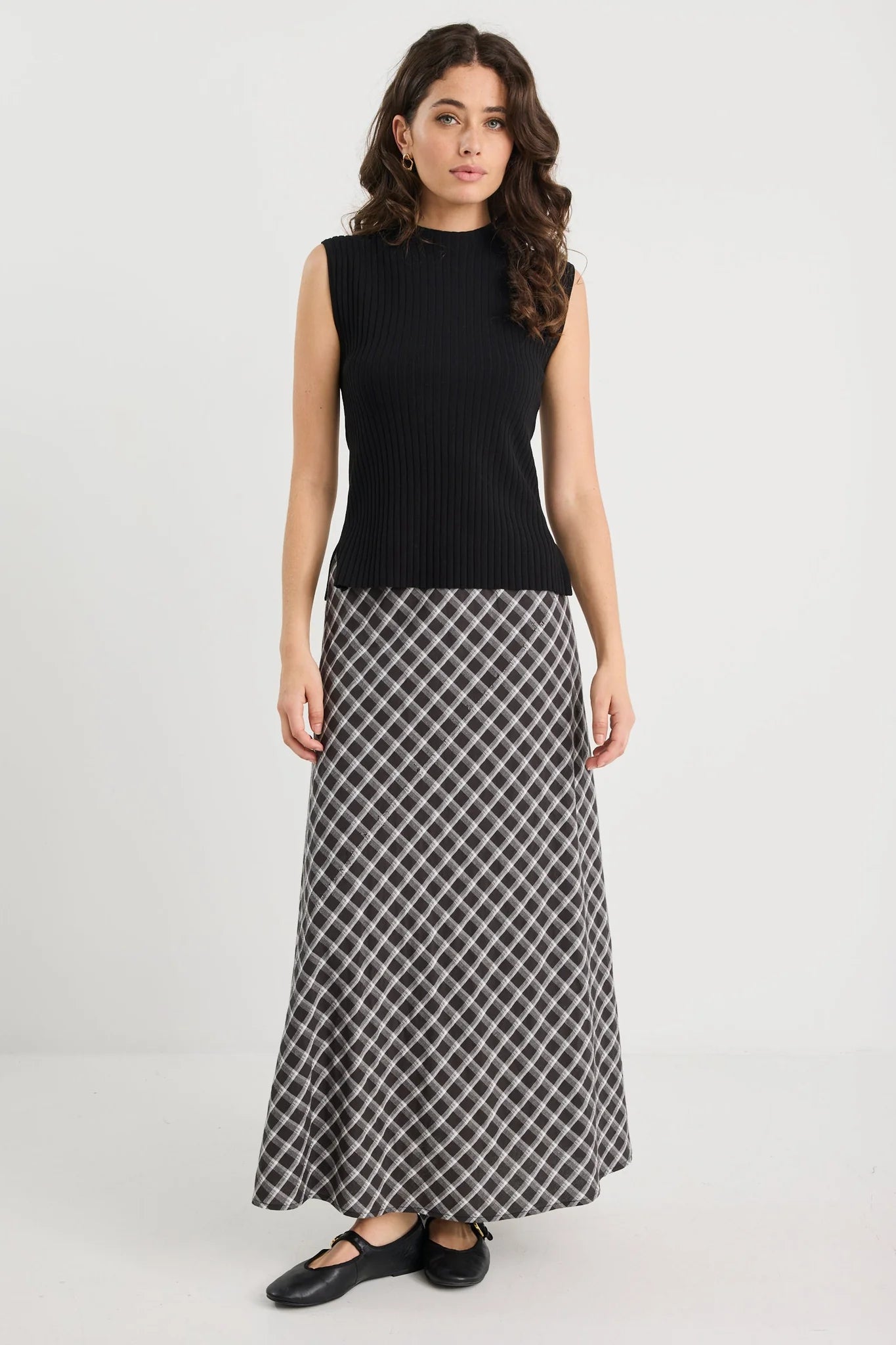 Soulmate Black White Check Bias Cut Midi Skirt