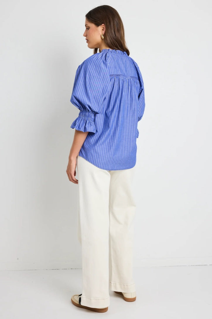 Noetic Dark Blue Stripe Short Sleeve Blouse