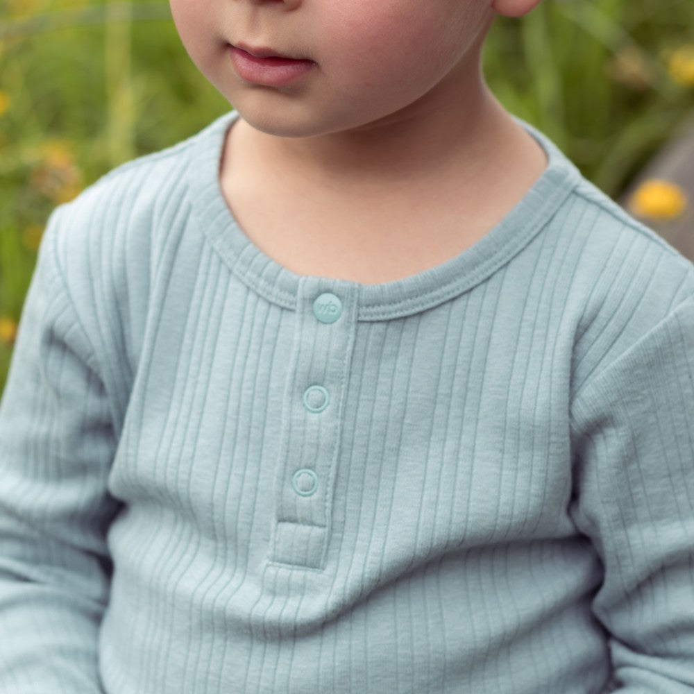 Woolbabe Merino/Organic Cotton Long Sleeve Henley Bodysuit - Tide Marl