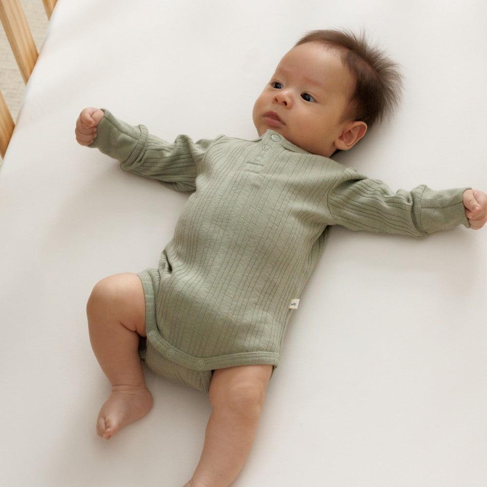 Woolbabe Merino/Organic Cotton Long Sleeve Henley Bodysuit - Flax Marl