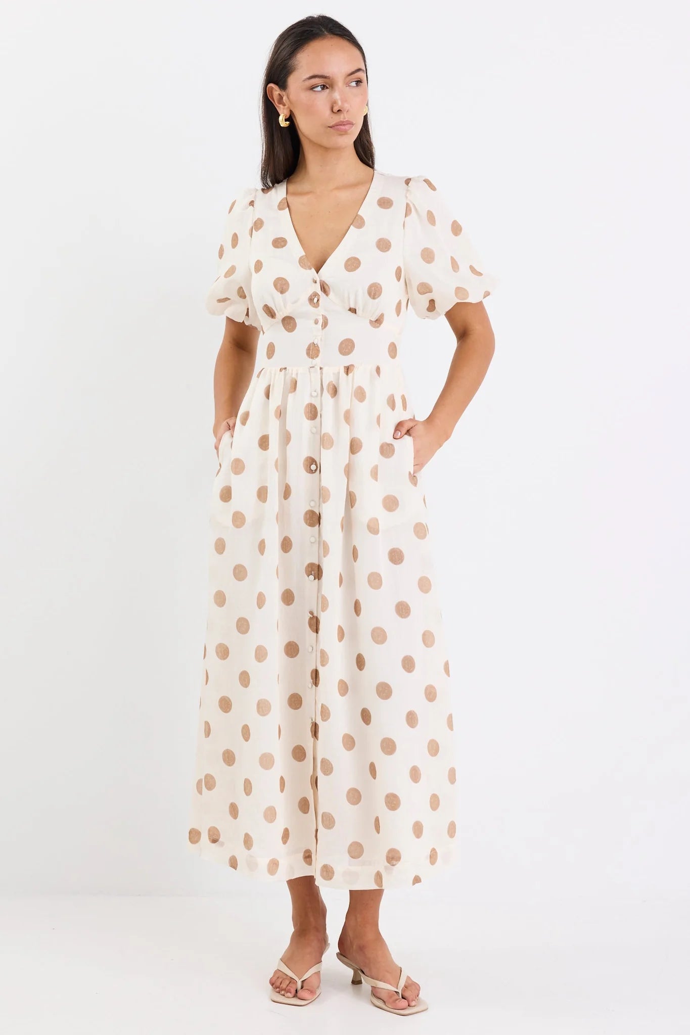 Lisbon Copper Polka Dot Puff Sleeve Midi Dress