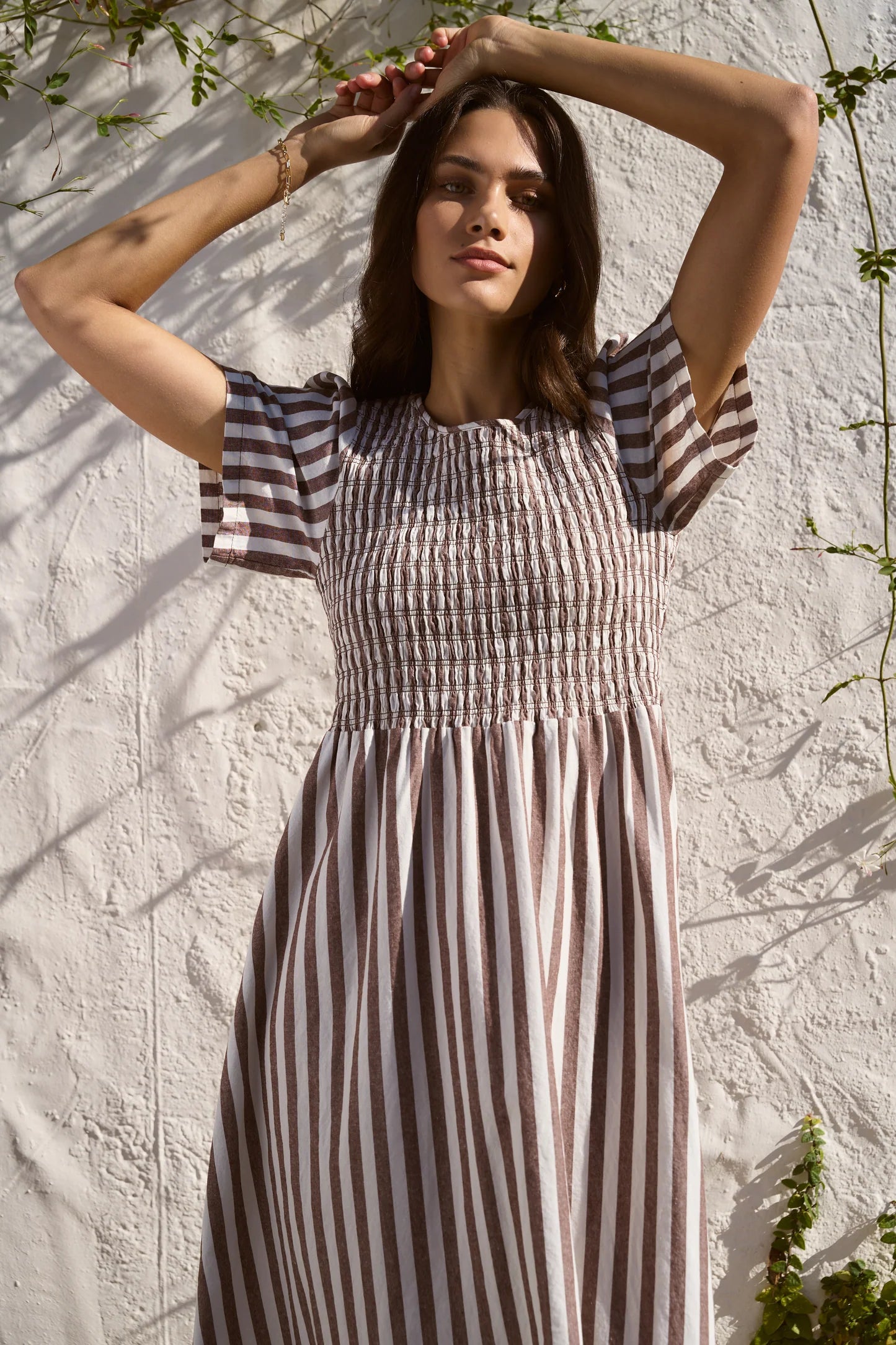 Wren Chocolate Stripe Cotton SS Shirred Bodice Midi Dress