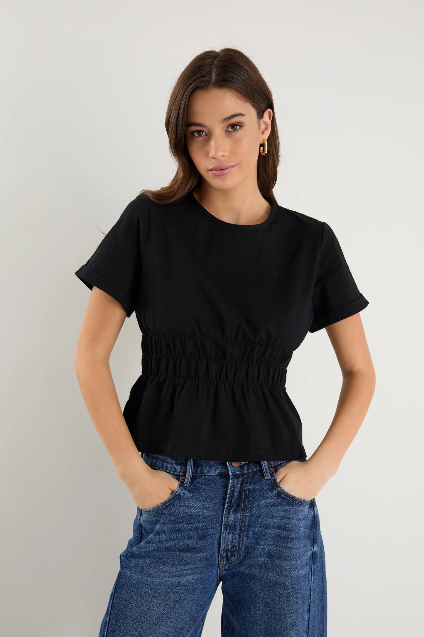 Svelte Black Shirred Detail SS Tee