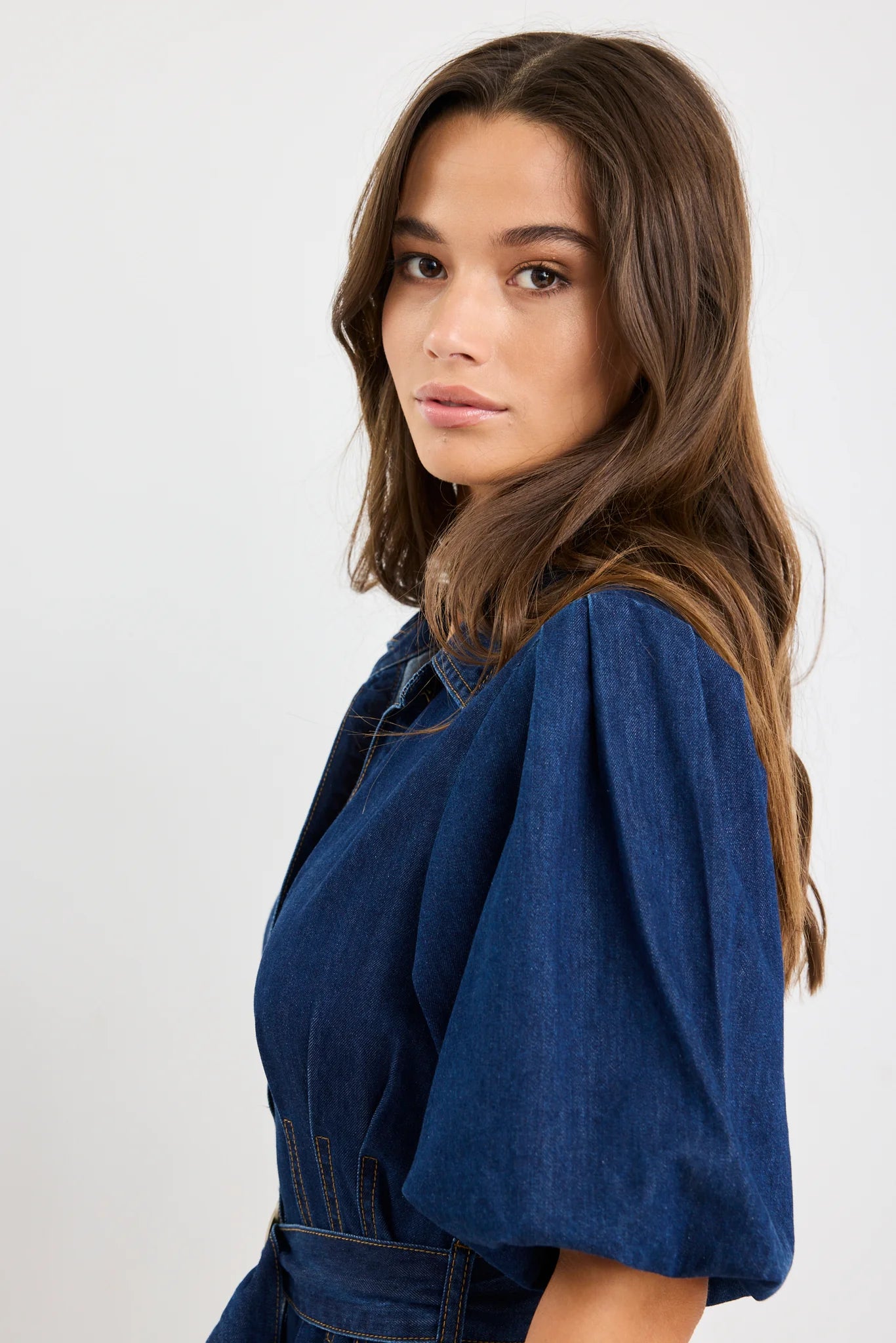 Dusk Indigo Denim Puff Sleeve Maxi Shirt Dress