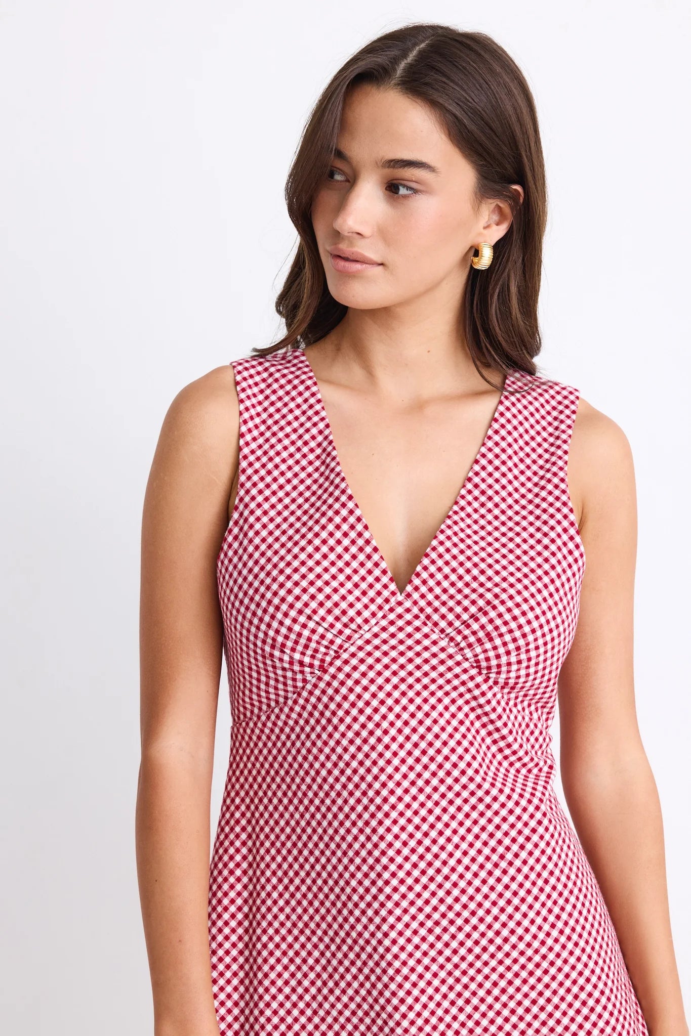 Turin Red Ditsy Gingham Cotton Sleeveless Bias Mini Dress
