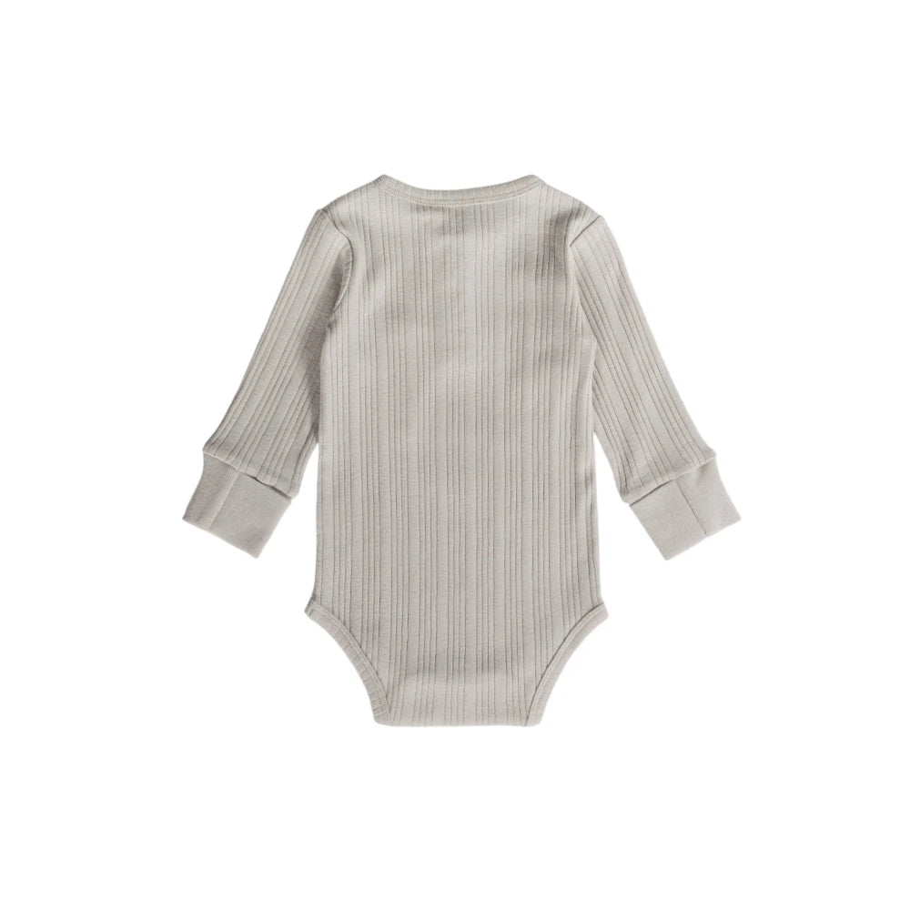 Woolbabe Merino/Organic Cotton Long Sleeve Henley Bodysuit - Pebble marl