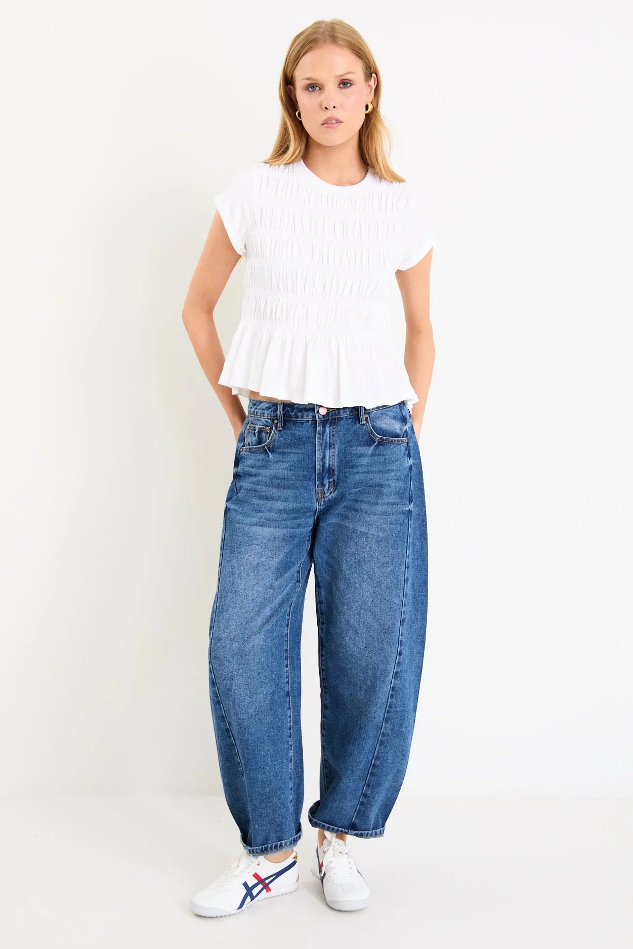 Neat White Slub Shirred Detail SS Tee