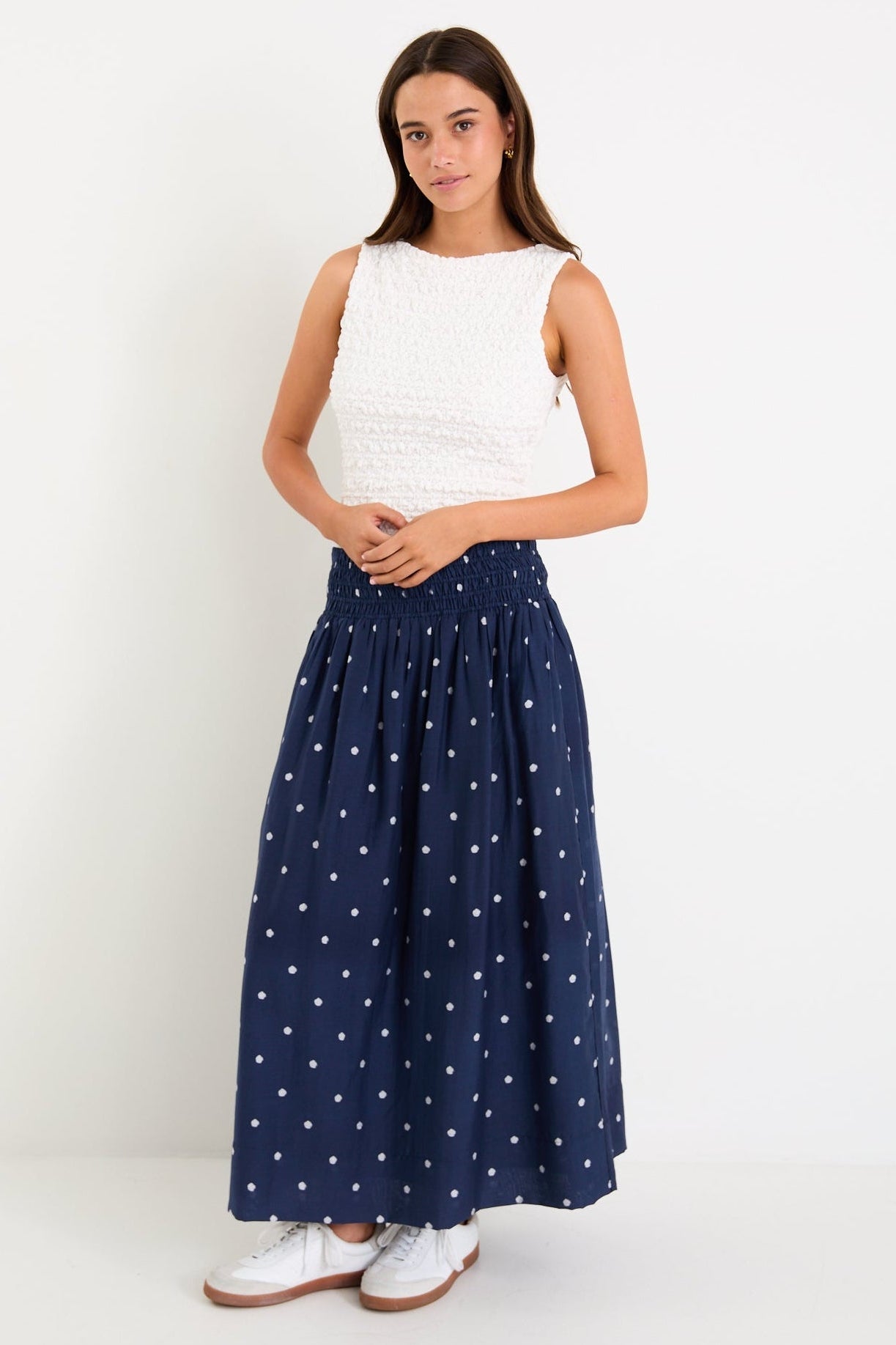 Wanderlust Navy Polka Dot Shirred Waist Maxi Skirt