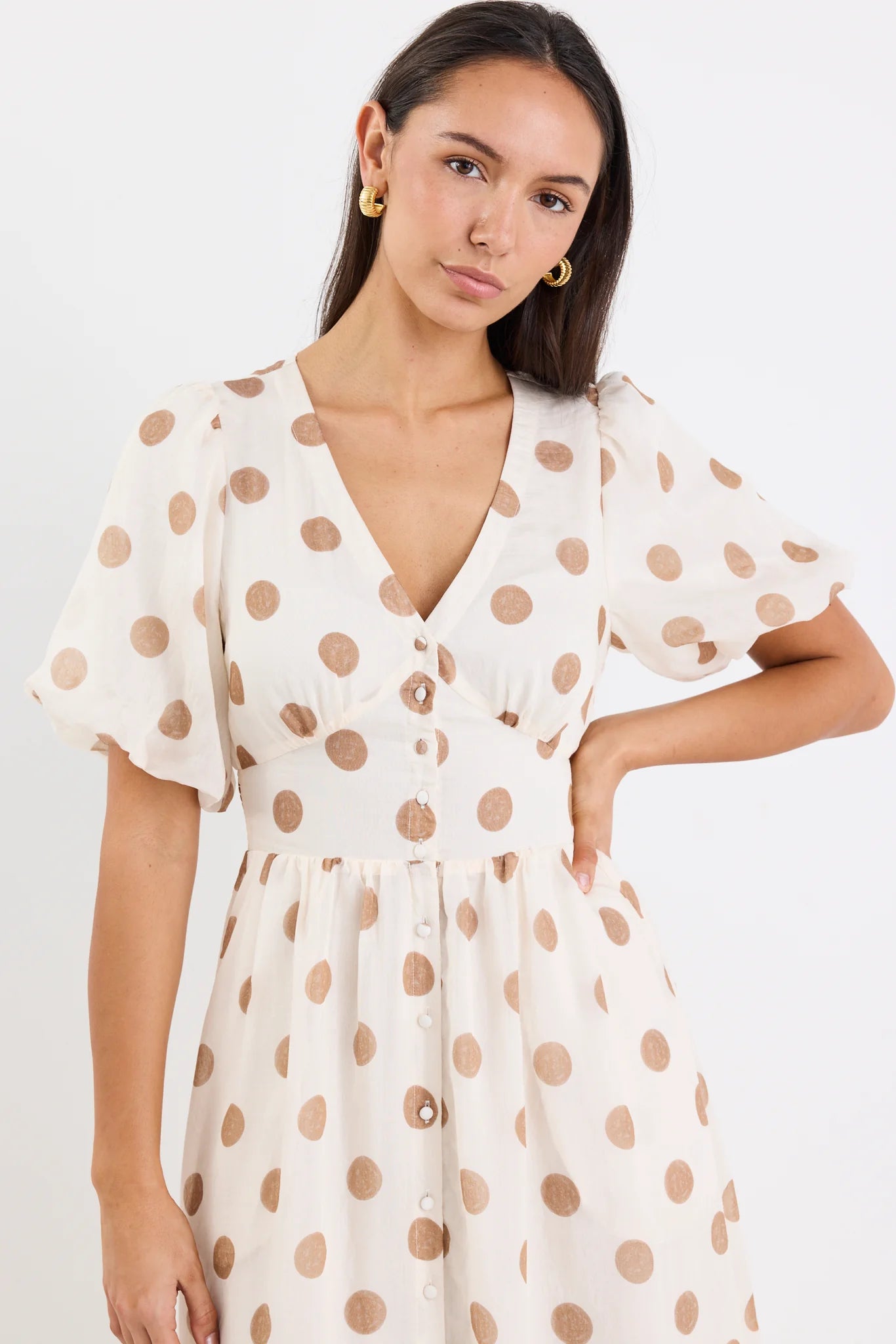 Lisbon Copper Polka Dot Puff Sleeve Midi Dress