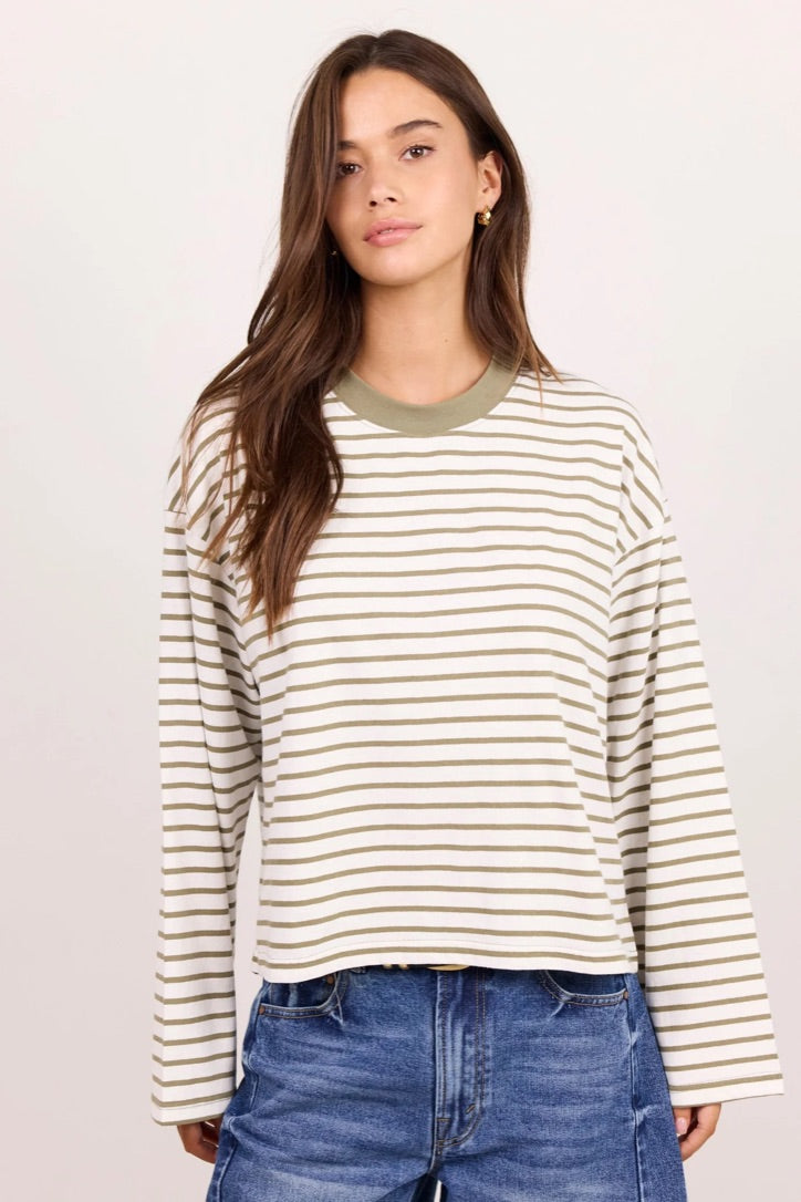 Unite Khaki White Stripe Long Sleeve Contrast Binding Boxy Tee