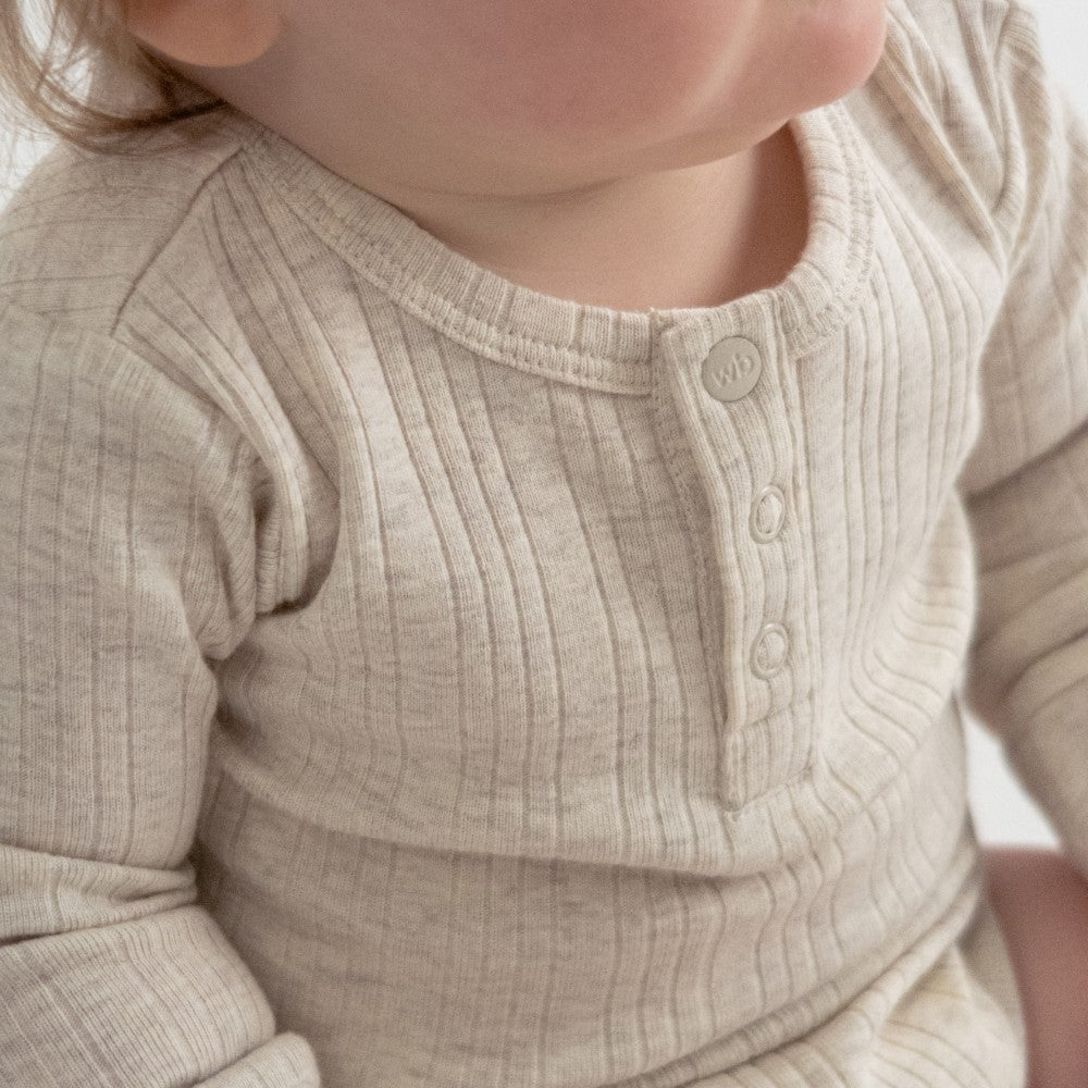 Woolbabe Merino/Organic Cotton Long Sleeve Henley Bodysuit - Natural Marl