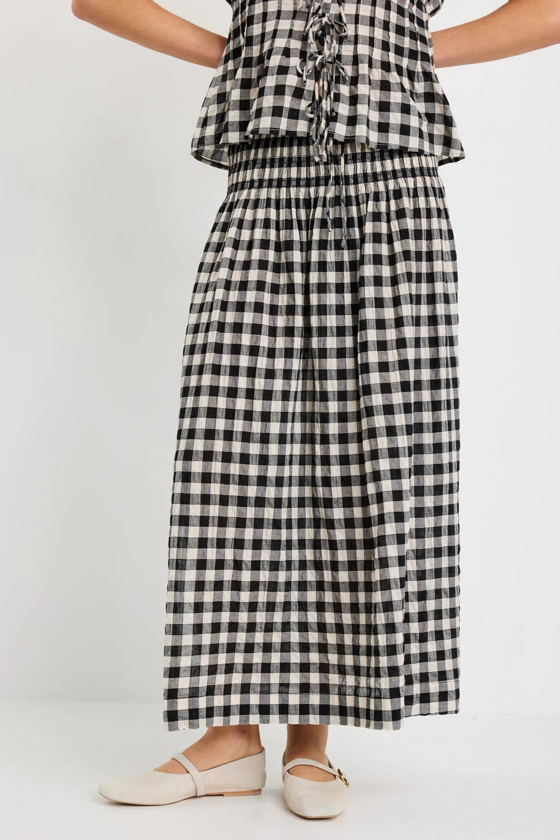 Cheerful Black Gingham Cotton Shirred Waist Maxi Skirt
