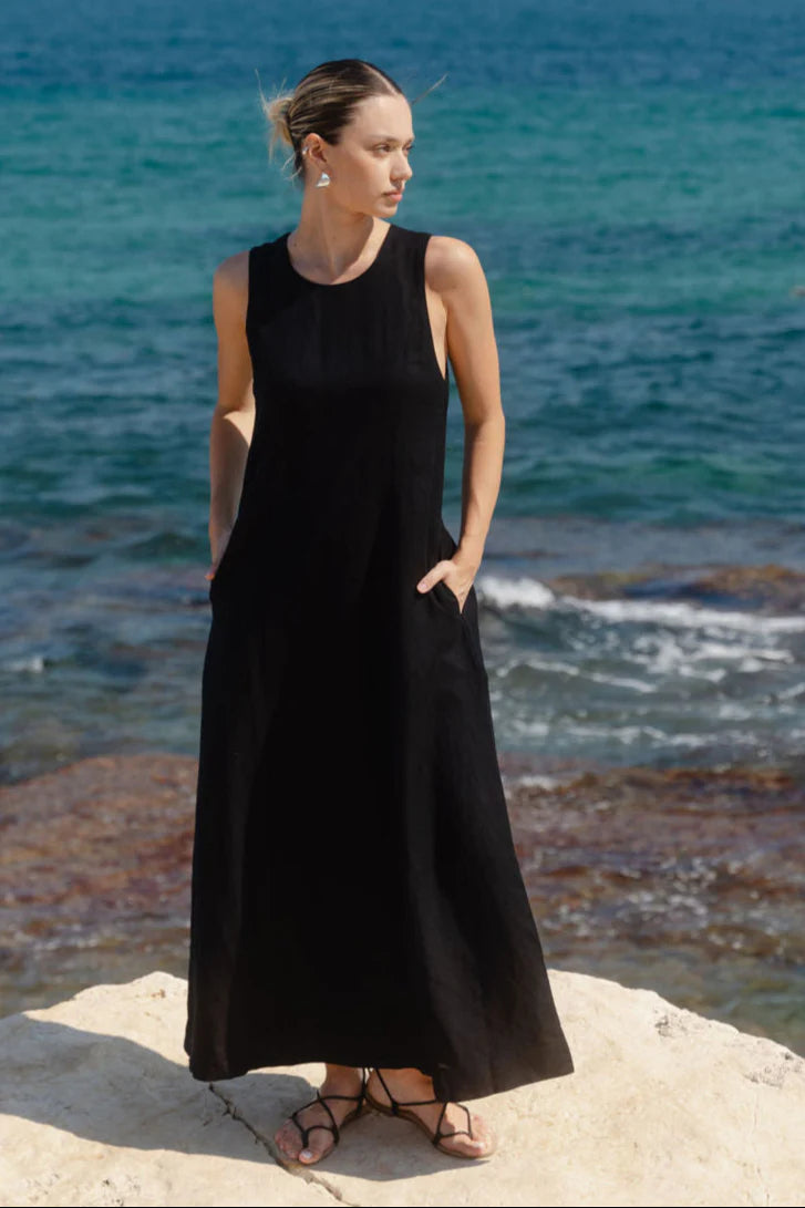 Easygoing Black Linen Blend Sleeveless Crew Neck Midi Dress